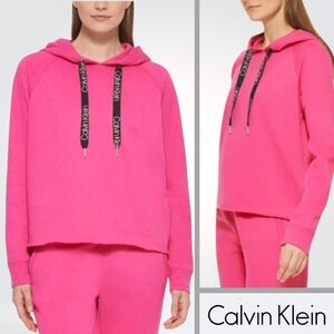 Calvin Klein Women's Bright Pink Cut-Off Hoodie Pullover Long-Sleeve Fleece Sz S